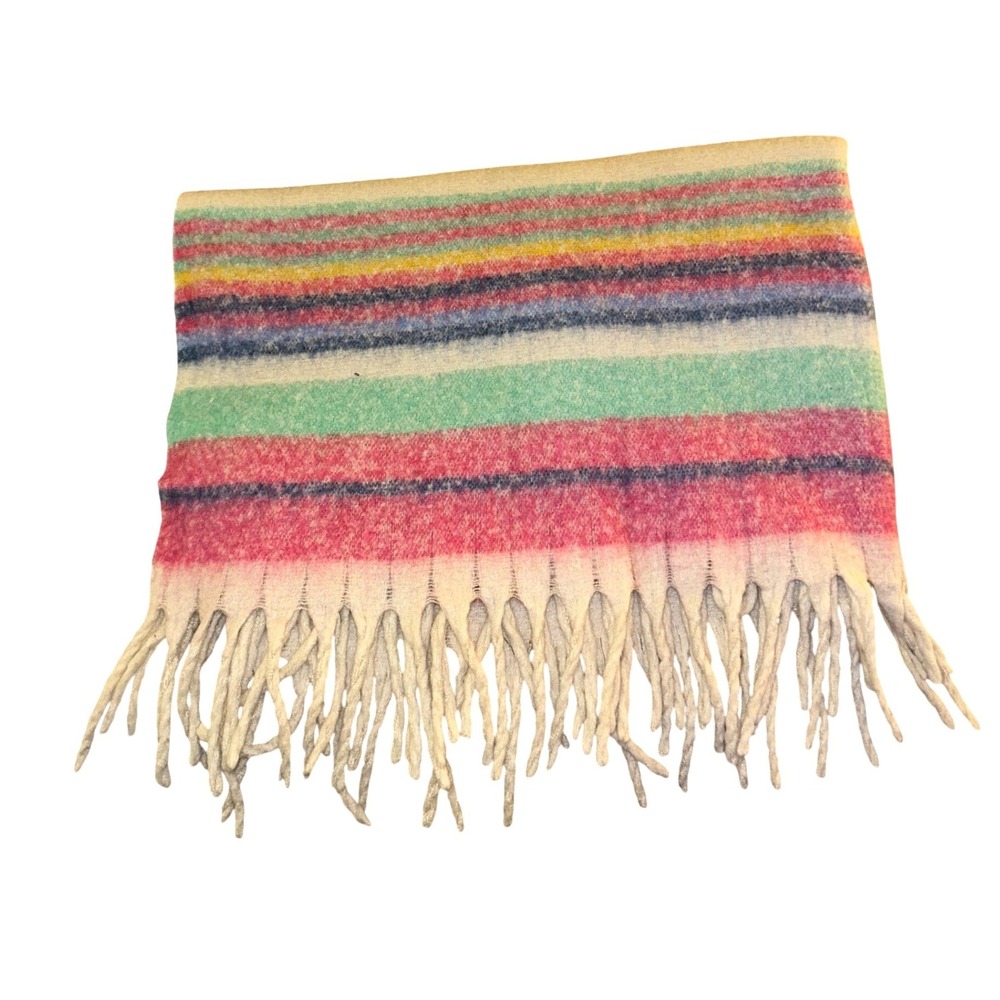 Free People Cozy Skye Stripe Blanket Fringe Multi Color Polyester 60"x50"‎